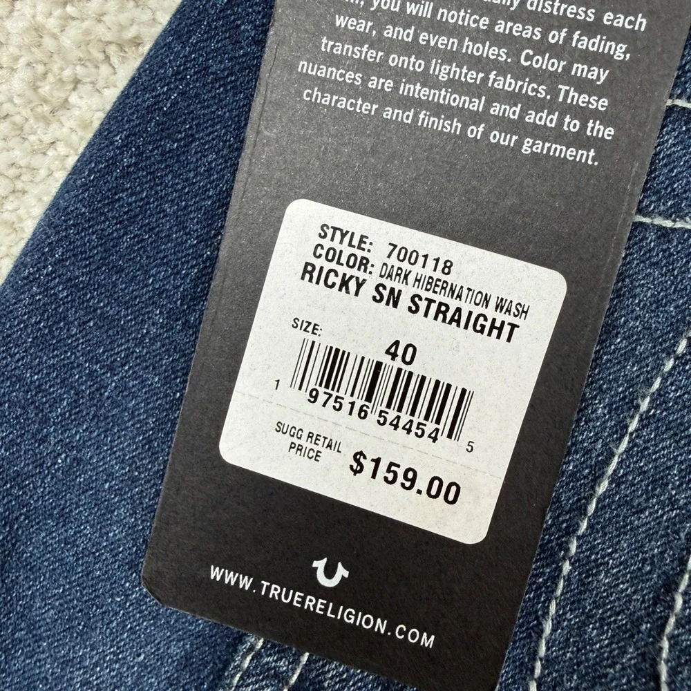 NEW True Religion Ricky SN Straight Jeans Mens 40 Dark Hibernation Wash